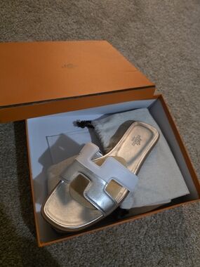 Hermes White and Silver Oran Slide Sandals - Women's 40 Rare
